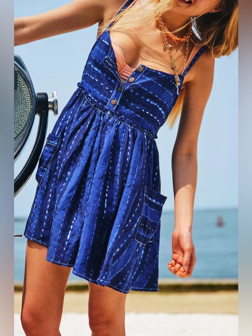 Free People Ocean Ave Romper Blue Linen Blend Size S